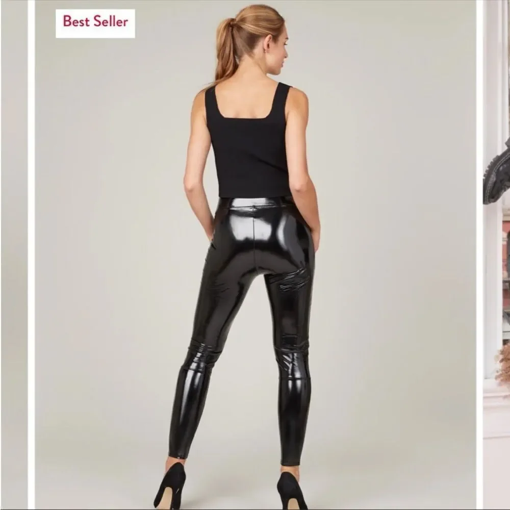SPANX | Faux Patent Leather Body Shaping Black Leggings Women’s Size Medium & 1X - Picture 12 of 16